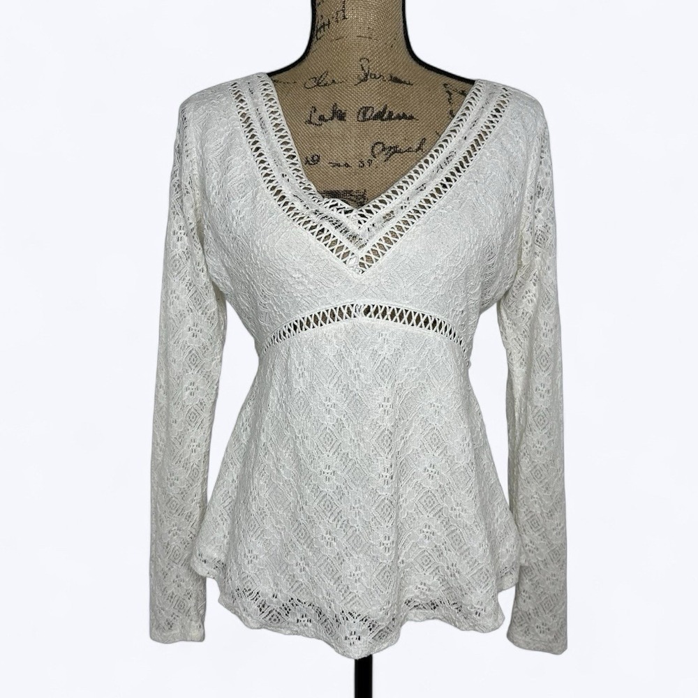 Hollister Babydoll Top Sz L Off White Long Sleeve Floral‎ Lace Boho Feminine